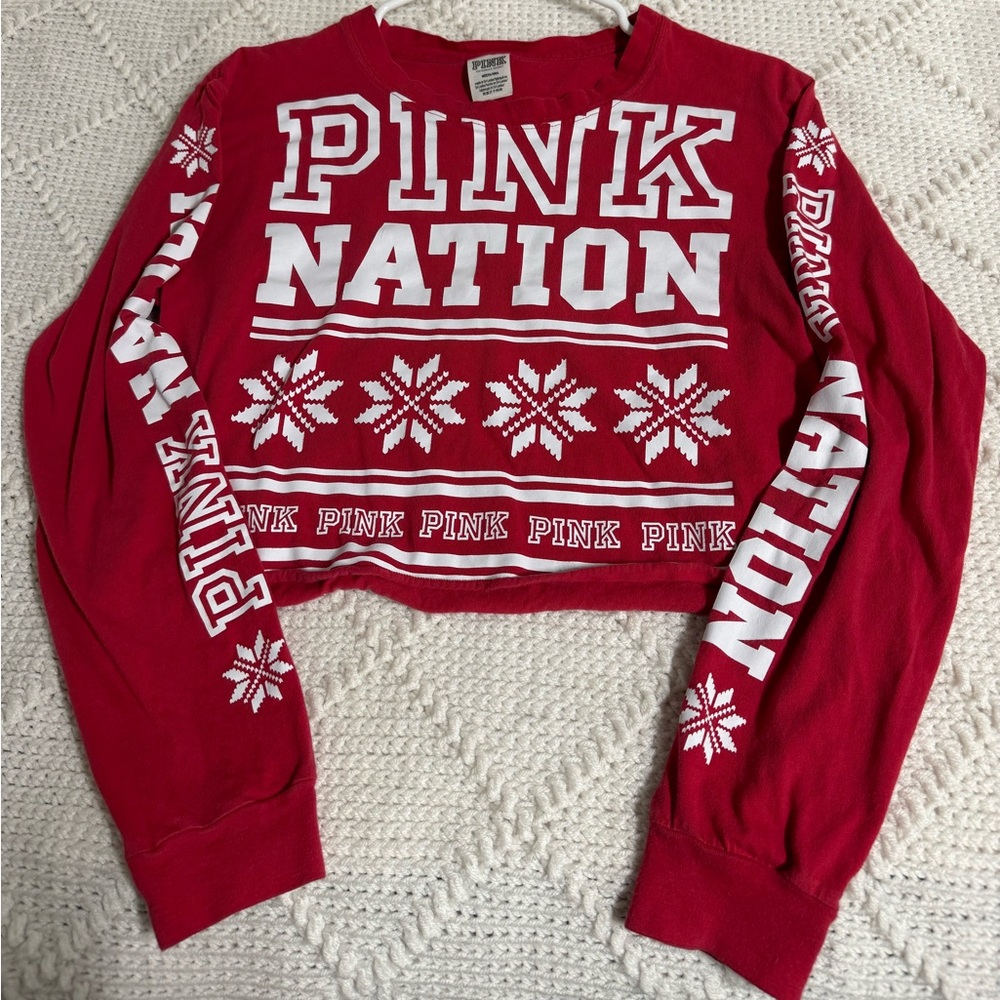 medium Victoria’s Secret PINK cropped long sleeve tee shirt; red & white
